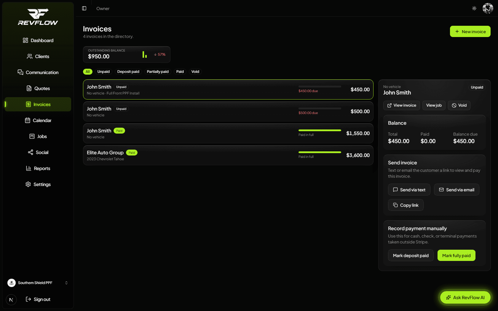 RestyleFlow invoices list with payment status and balance detail panel