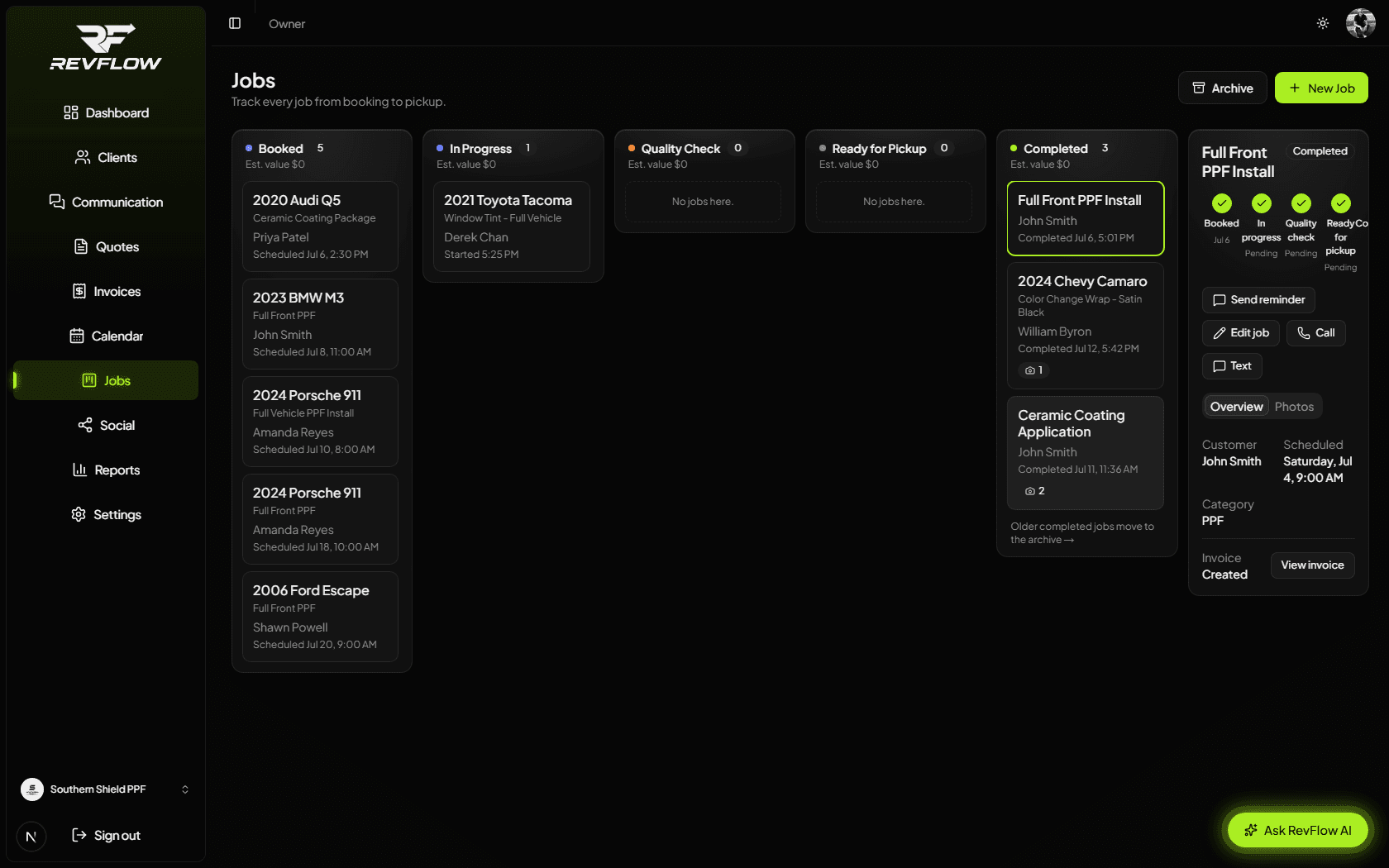 RestyleFlow jobs board with a five-stage pipeline from booked to completed